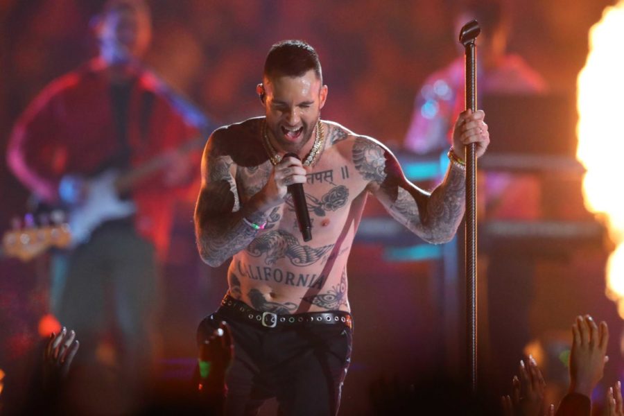 Maroon 5&apos;s Adam Levine goes shirtless during the Super Bowl LIII Halftime Show on Sunday, Feb. 3, 2019, at Mercedes-Benz Stadium in Atlanta. (Curtis Compton/Atlanta Journal-Constitution/TNS)