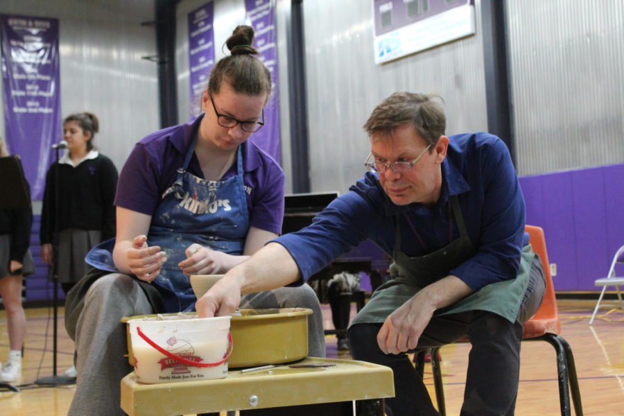 Senior Katie Rosasco and art teacher Michael Pesselato helped connect the lines between pottery and forgiveness. 