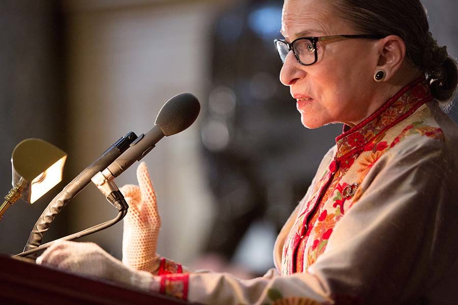 Supreme Court Justice Ruth Bader Ginsburg speaks at an annual Women&apos;s History Month reception hosted by Pelosi in the U.S. capitol building on Capitol Hill in Washington, D.C.  This year&apos;s event honored the women Justices of the U.S. Supreme Court: Associate Justices Ruth Bader Ginsburg, Sonia Sotomayor, and Elena Kagan. (Allison Shelley/Getty Images/TNS)