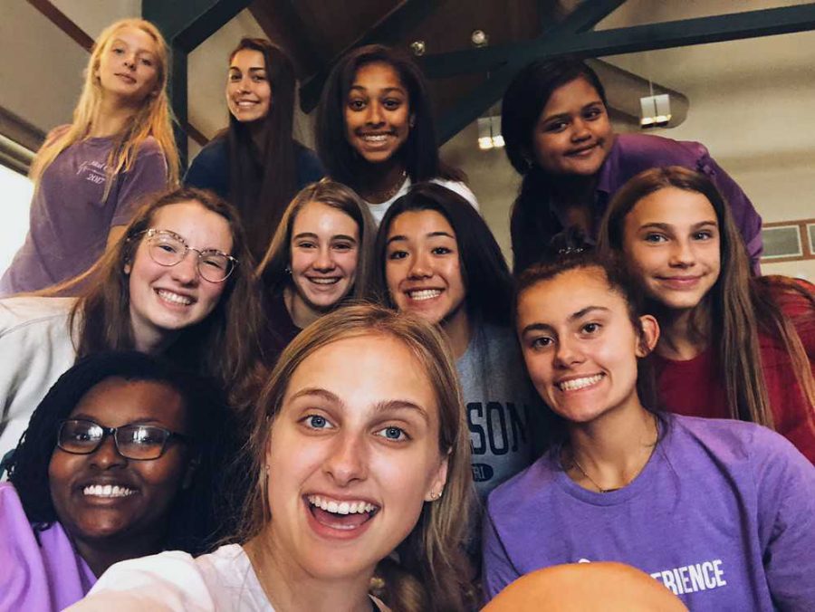 NOW: Web Editor-in-Chief senior Maleah Downton and her peer ministry group "The Fine Nines" gather for a photo at this year's feshman retreat Aug. 23. 