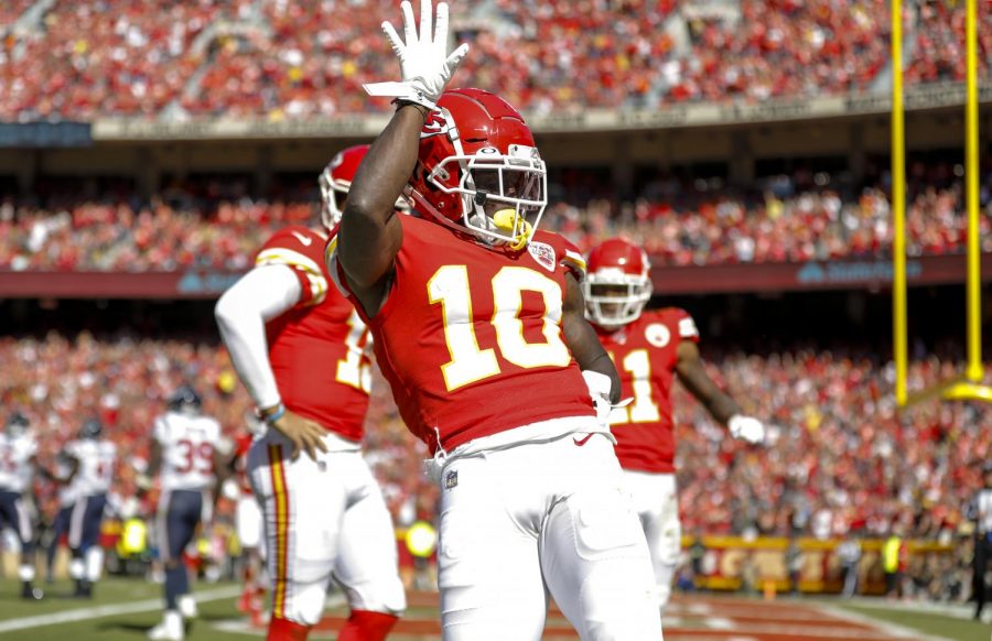 Tyreek Hill celebrates his third quarter touchdown against the Houston Texans Oct. 13. Kansas City Chiefs lost 31-24 at Sunday's game. The Chiefs are set to play  the Denver Broncos Thursday, Oct. 17 at 7:20 p.m.