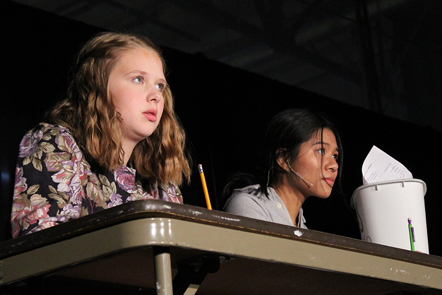 Freshman Addie Hiestand and Senior Cara Hiatt performed as Samantha and Trudy in "Writer Left" at Night of One Acts Oct. 9.