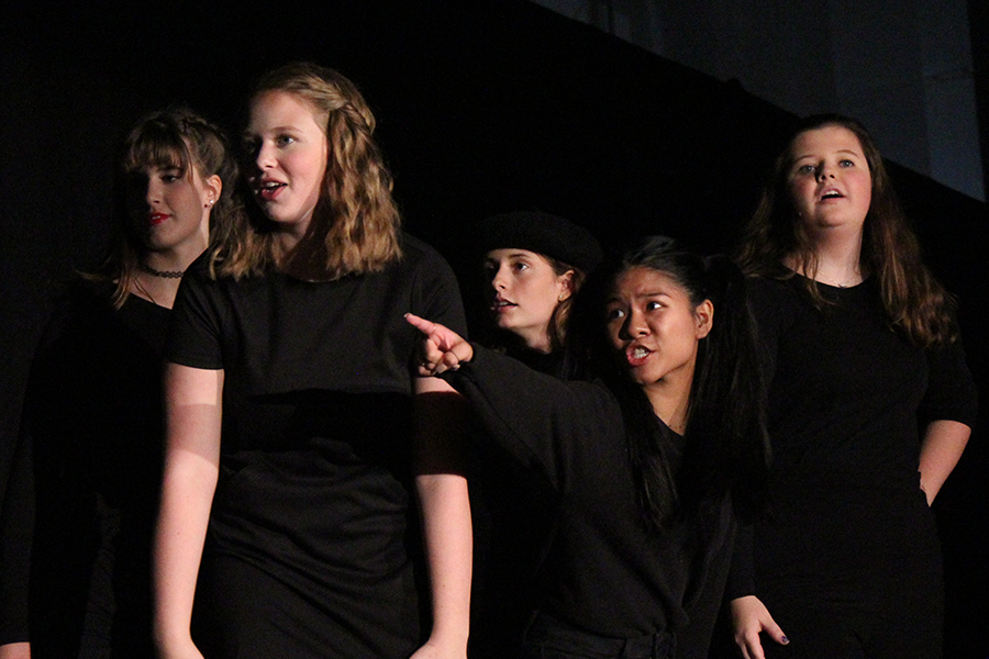 Freshman Caroline Dold, freshman Addie Hiestand, senior Phoebe Mullen, senior Cara Hiatt and junior Mattie Mills perform "SNL Student Theater Showcase" at Night of One Acts Oct. 9. The SNL based skit was adapted by senior Peyton Wade and directed by Wade and senior Hannah Sue Kennish. 