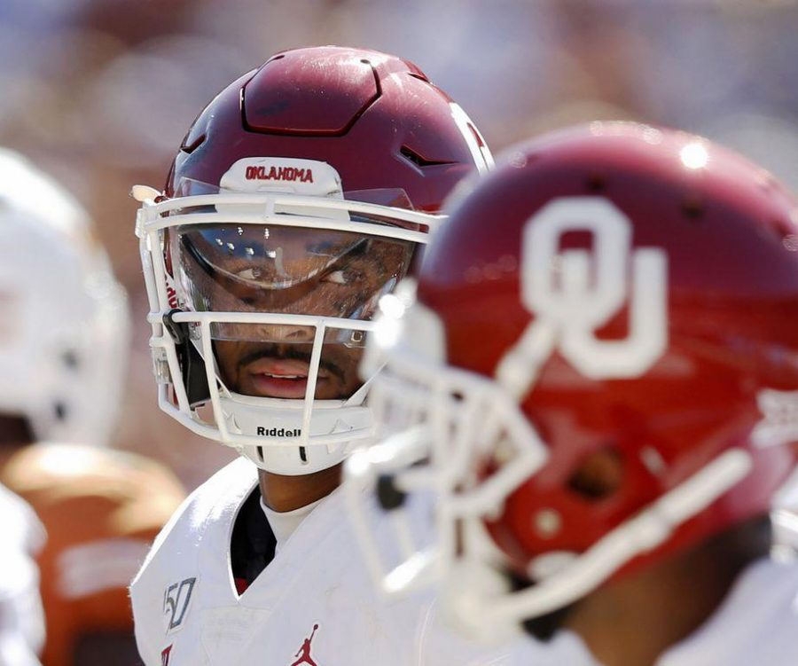 Oklahoma quarterback Jalen Hurts looks after scoring a touchdown during the second half against Texas in the Red River Showdown at the Cotton Bowl in Dallas on Saturday, Oct. 12, 2019. Oklahoma won, 34-27. (Vernon Bryant/Dallas Morning News/TNS)