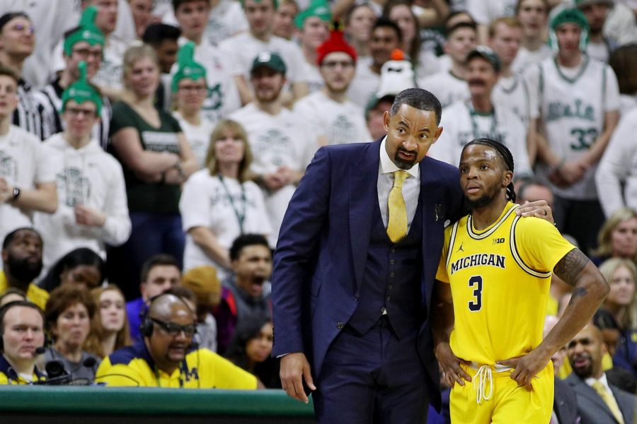 Related media: Text
Michigan coach Juwan Howard talks with guard Zavier Simpson (3) in the second half of their college basketball game against Michigan State at the Breslin Center in East Lansing, on Sunday, January 5, 2020. Michigan State won the game, 87-69.