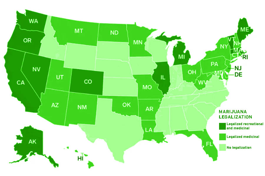 In 33 states marijuana is legal for medicinal use and 11 states have legalized it for both recreational and medicinal use.