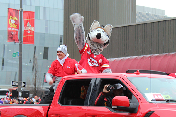 Kansas City Chiefs mascot KC Wolf greets fans from the back of a pickup truck at the Kansas City Chiefs Super Bowl LIV victory parade Feb. 5. The Kansas City Chiefs won 31-20 against the San Francisco 49ers.