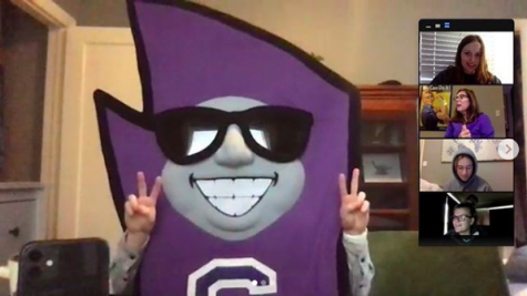 Ending off Spirit Week: Home Edition, students, teachers and faculty participated in the purple and white theme. Director of Athletics Kate Pilgreen joined in on theology teacher Polly Holmes' faith-filled life class dressed as mascot Stormy Friday, April 3. 