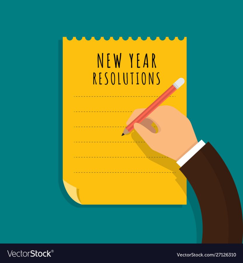 Illustrations flat design concept new year resolutions via set goal with write on paper for mission success. Vector illustrate.