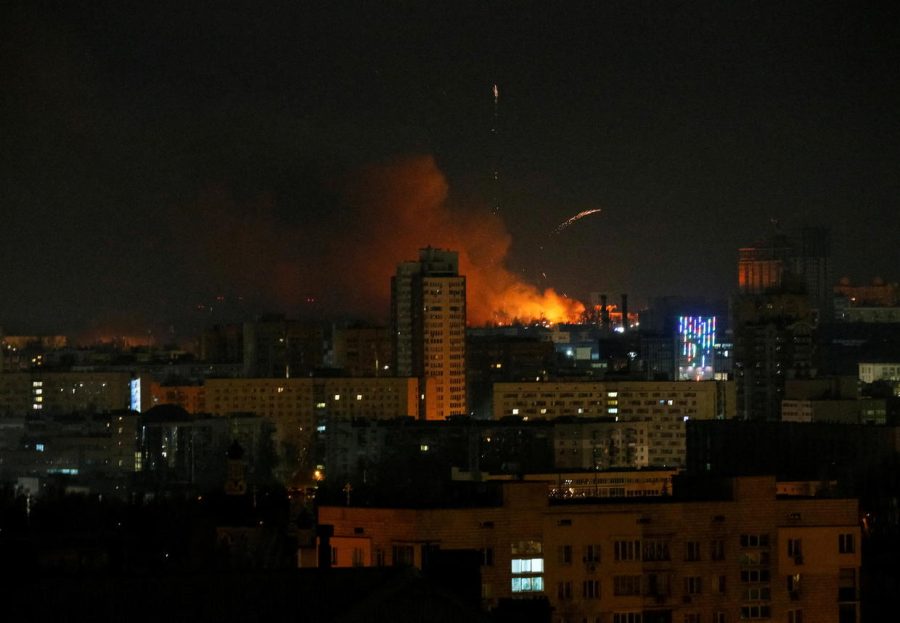 Smoke and flames rise during the shelling in Kyiv, as Russia continues its attack on Ukraine on Feb. 26.