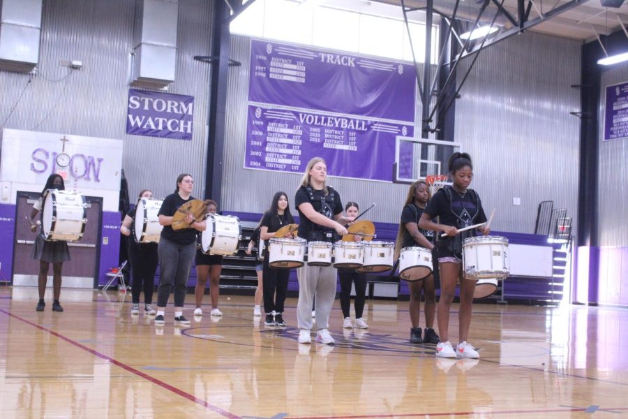 The Drum line ends off the pep assembly with a performance. 