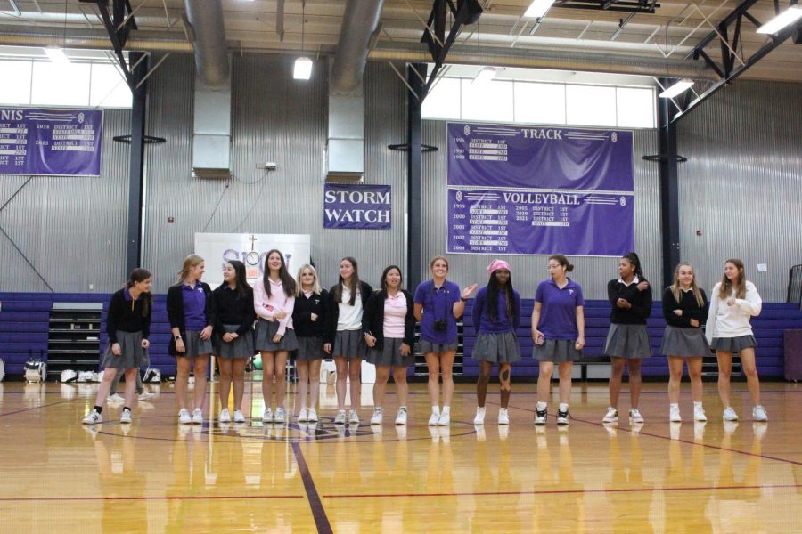 The fall sports seniors line up to be recognized during Thursday's pep rally 