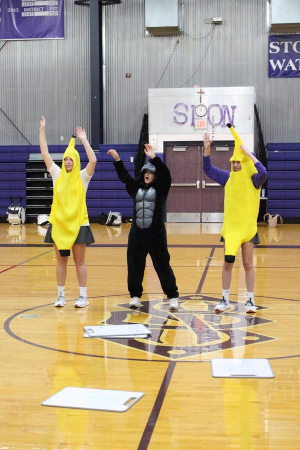 In costume, sophomores Christina Brooks, Kate Spenceri, and Bridget Bendorf lead the student body in the go bananas cheer 