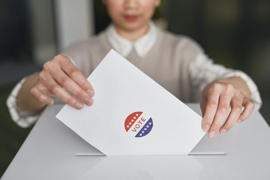 A voter drops their ballot into a box, casting their vote.