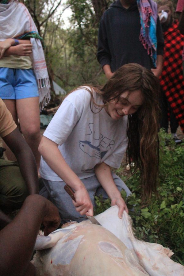 *TRIGGER WARNING* Junior Ginger Griffiths helps skin a goat as a part of a Maasai tradition.