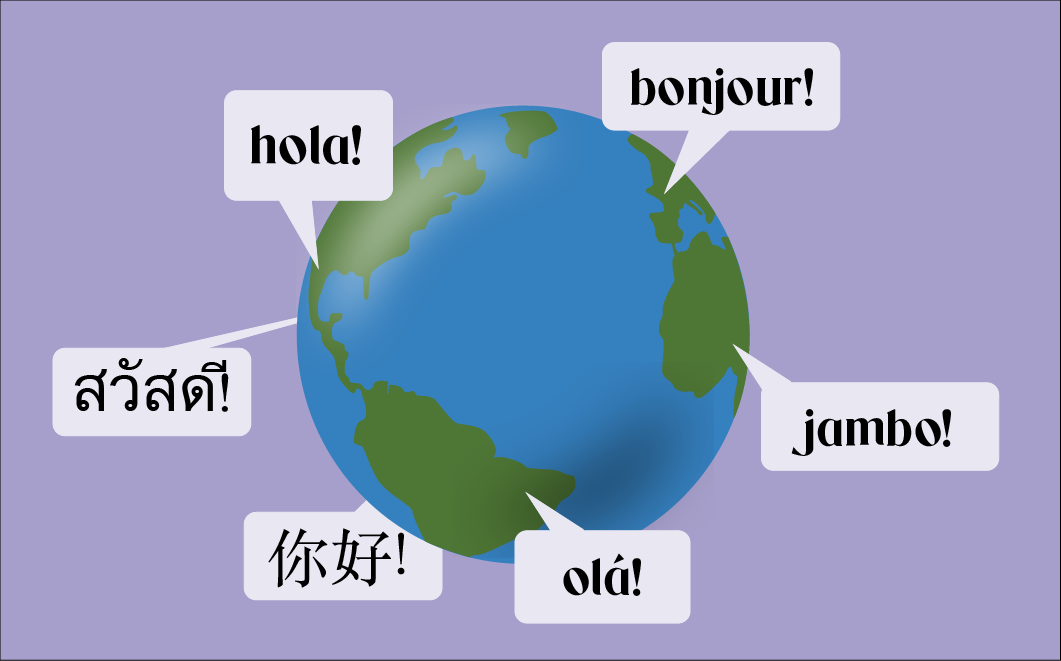 Globe Graphic with "Hello" written in French, Spanish, Swahili, Mandarin, Portuguese, and Thai.