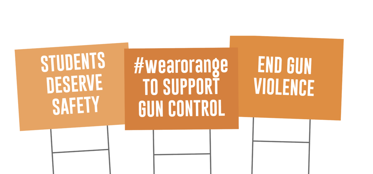 Illustrated yard signs tout anti-gun violence slogans. The signs are various shades of orange because of the gun control movement's "Wear Orange" day, where supporters of the cause wear orange clothing to show their support.